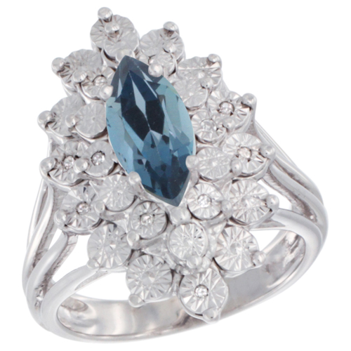 Sterling Silver Natural London Blue Topaz Ring Marquise 10x5, Diamond Accent, sizes 5 - 10