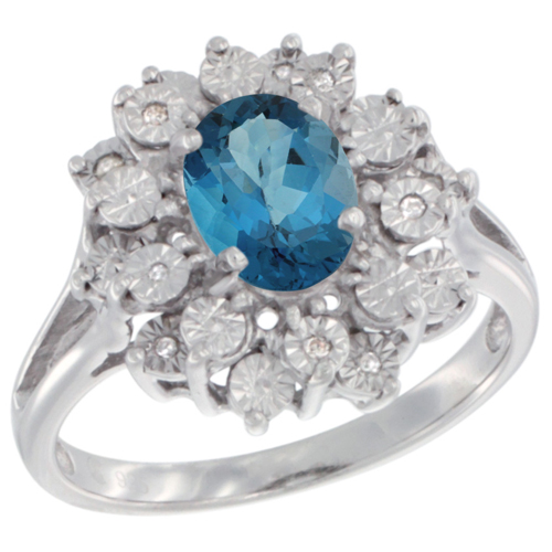 Sterling Silver Natural London Blue Topaz Ring Oval 8x6, Diamond Accent, sizes 5 - 10
