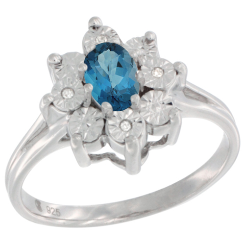 Sterling Silver Natural London Blue Topaz Ring Oval 6x4, Diamond Accent, sizes 5 - 10