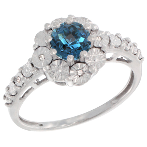 Sterling Silver Natural London Blue Topaz Ring Round 5x5, Diamond Accent, sizes 5 - 10