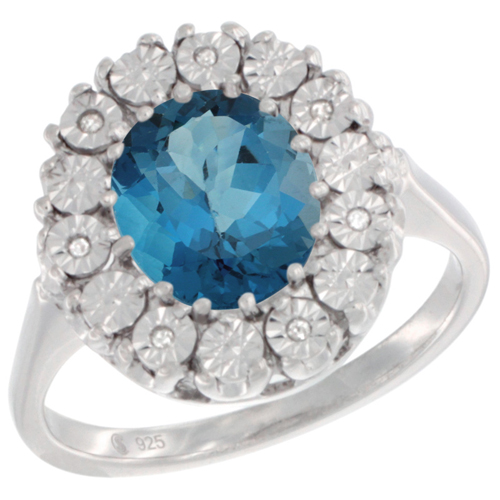 Sterling Silver Natural London Blue Topaz Ring Oval 9x7, Diamond Accent, sizes 5 - 10