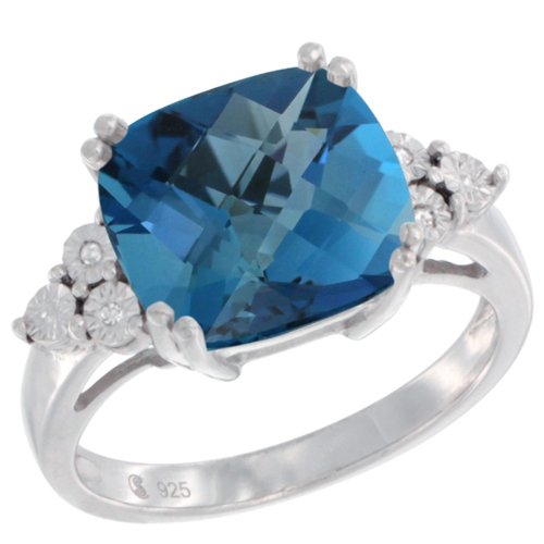 Sterling Silver Natural London Blue Topaz Ring Cushion cut 11x11, Diamond Accent, sizes 5 - 10