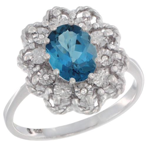 Sterling Silver Natural London Blue Topaz Ring Oval 8x6, Diamond Accent,, sizes 5 - 10