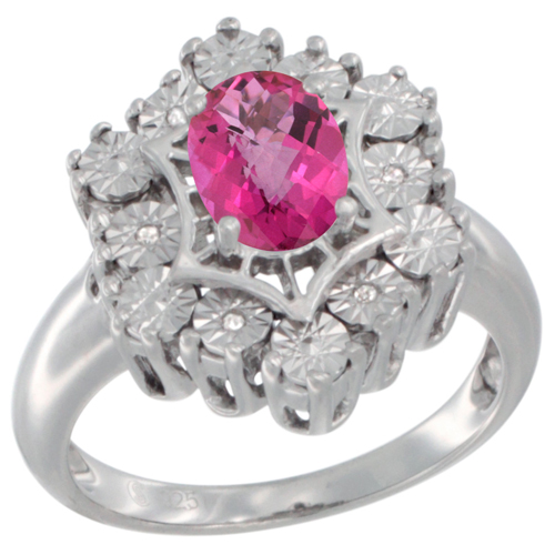 Sterling Silver Natural Pink Topaz Ring 7x5 Oval Illusion Diamonds Rhodium finish, sizes 5 - 10