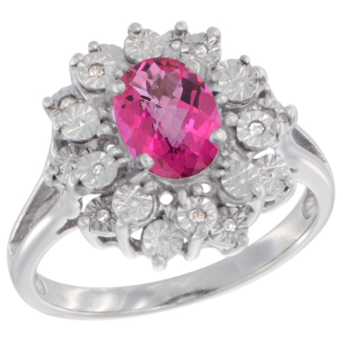 Sterling Silver Natural Pink Topaz Ring Oval 8x6, Diamond Accent, sizes 5 - 10