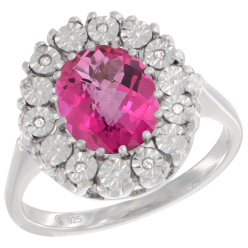 Sterling Silver Natural Pink Topaz Ring Oval 9x7, Diamond Accent, sizes 5 - 10