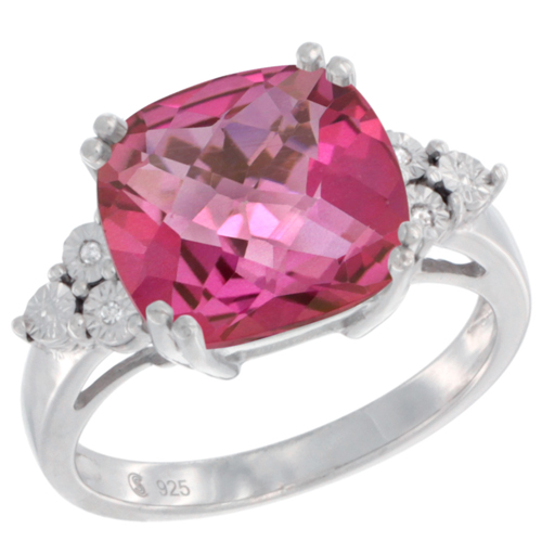 Sterling Silver Natural Pink Topaz Ring Cushion cut 11x11, Diamond Accent, sizes 5 - 10