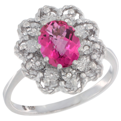 Sterling Silver Natural Pink Topaz Ring Oval 8x6, Diamond Accent,, sizes 5 - 10