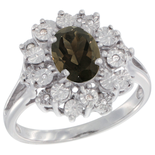 Sterling Silver Natural Smoky Topaz Ring Oval 8x6, Diamond Accent, sizes 5 - 10