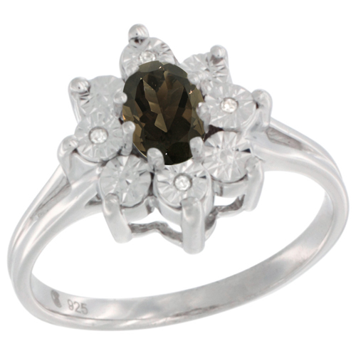 Sterling Silver Natural Smoky Topaz Ring Oval 6x4, Diamond Accent, sizes 5 - 10