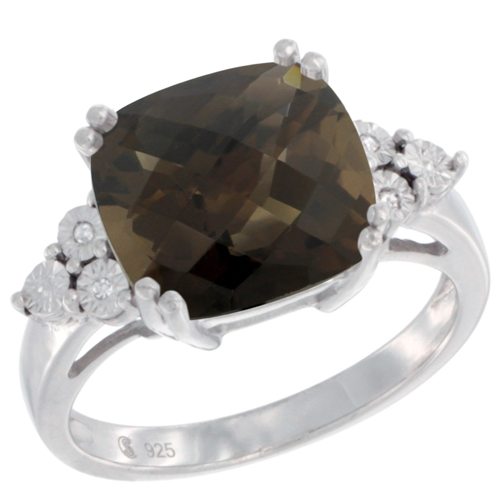 Sterling Silver Natural Smoky Topaz Ring Cushion cut 11x11, Diamond Accent, sizes 5 - 10
