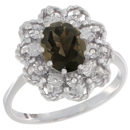 Sterling Silver Natural Smoky Topaz Ring Oval 8x6, Diamond Accent,, sizes 5 - 10