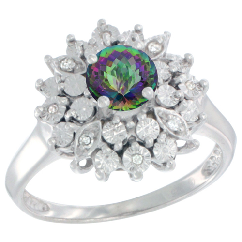Sterling Silver Natural Mystic Topaz Ring Oval 6x4, Diamond Accent, sizes 5 - 10
