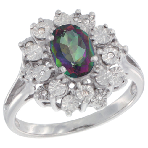 Sterling Silver Natural Mystic Topaz Ring Oval 8x6, Diamond Accent, sizes 5 - 10