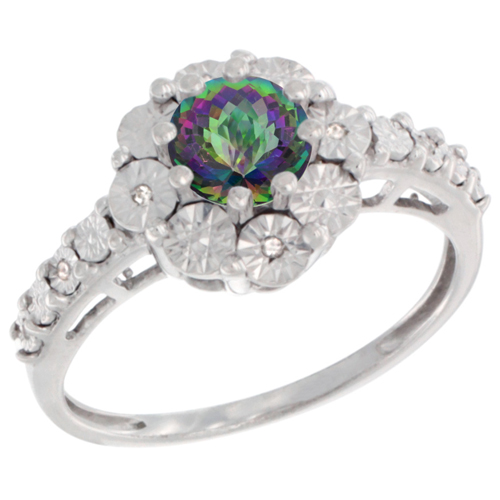 Sterling Silver Natural Mystic Topaz Ring Round 5x5, Diamond Accent, sizes 5 - 10