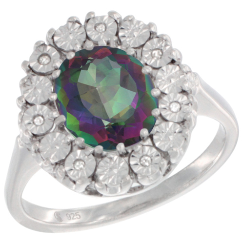 Sterling Silver Natural Mystic Topaz Ring Oval 9x7, Diamond Accent, sizes 5 - 10