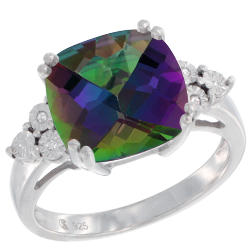 Sterling Silver Natural Mystic Topaz Ring Cushion cut 11x11, Diamond Accent, sizes 5 - 10