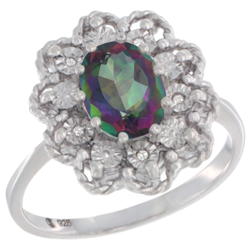 Sterling Silver Natural Mystic Topaz Ring Oval 8x6, Diamond Accent,, sizes 5 - 10