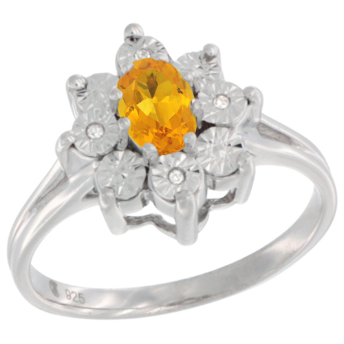 Sterling Silver Natural Citrine Ring Oval 6x4, Diamond Accent, sizes 5 - 10