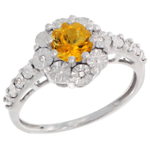Sterling Silver Natural Citrine Ring Round 5x5, Diamond Accent, sizes 5 - 10