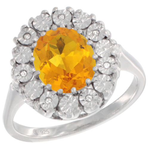 Sterling Silver Natural Citrine Ring Oval 9x7, Diamond Accent, sizes 5 - 10