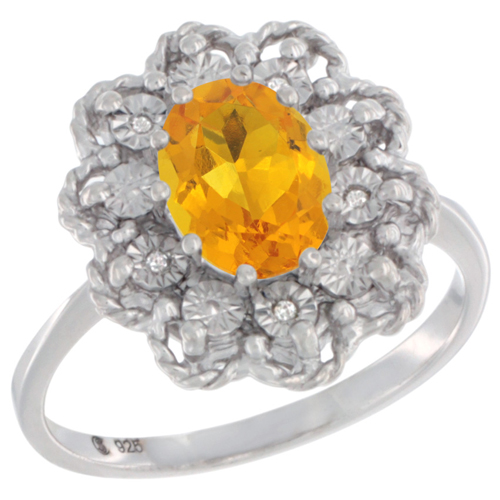 Sterling Silver Natural Citrine Ring Oval 8x6, Diamond Accent,, sizes 5 - 10