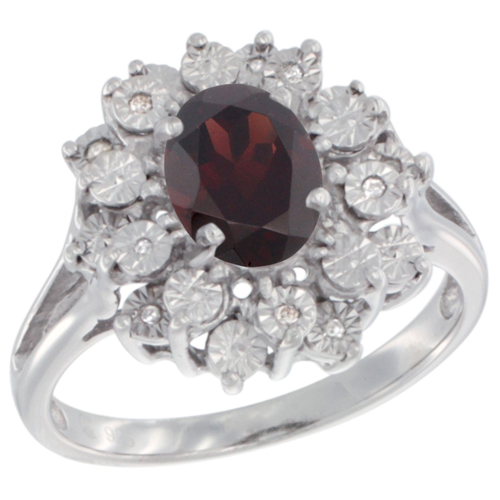 Sterling Silver Natural Garnet Ring Oval 8x6, Diamond Accent, sizes 5 - 10