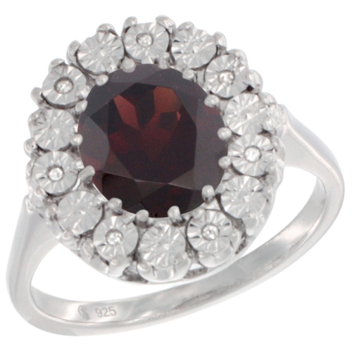 Sterling Silver Natural Garnet Ring Oval 9x7, Diamond Accent, sizes 5 - 10