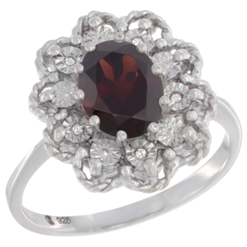 Sterling Silver Natural Garnet Ring Oval 8x6, Diamond Accent,, sizes 5 - 10