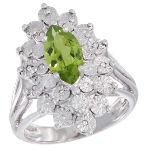 Sterling Silver Natural Peridot Ring Marquise 10x5, Diamond Accent, sizes 5 - 10