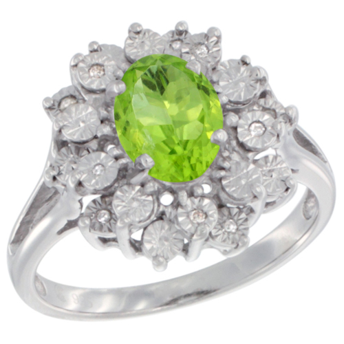 Sterling Silver Natural Peridot Ring Oval 8x6, Diamond Accent, sizes 5 - 10