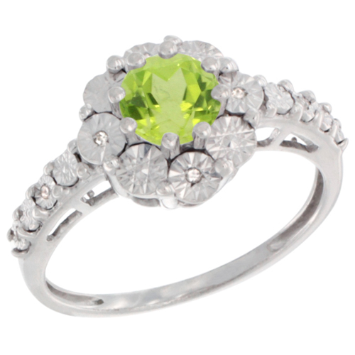 Sterling Silver Natural Peridot Ring Round 5x5, Diamond Accent, sizes 5 - 10