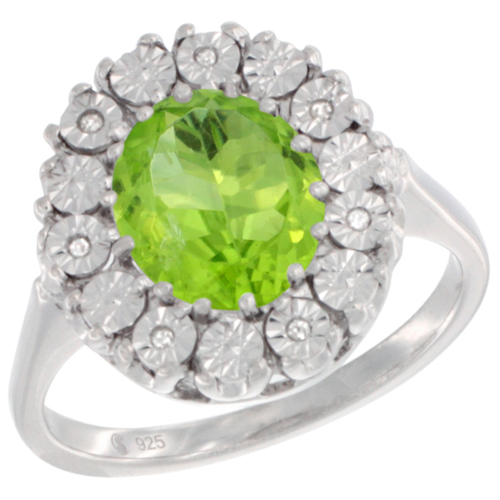 Sterling Silver Natural Peridot Ring Oval 9x7, Diamond Accent, sizes 5 - 10