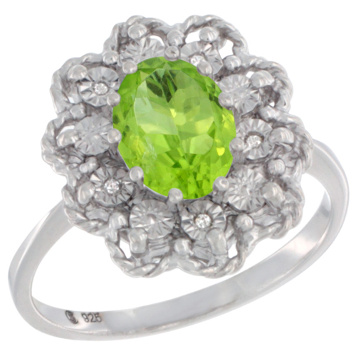 Sterling Silver Natural Peridot Ring Oval 8x6, Diamond Accent,, sizes 5 - 10