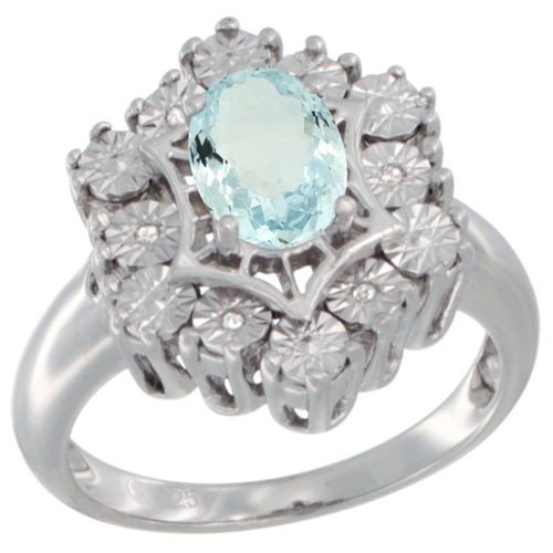 Sterling Silver Natural Aquamarine Ring 7x5 Oval Illusion Diamonds Rhodium finish, sizes 5 - 10