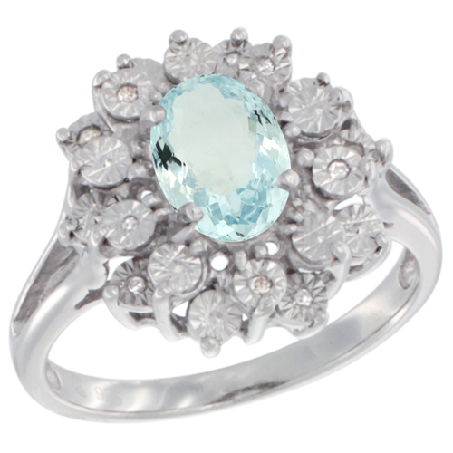Sterling Silver Natural Aquamarine Ring Oval 8x6, Diamond Accent, sizes 5 - 10