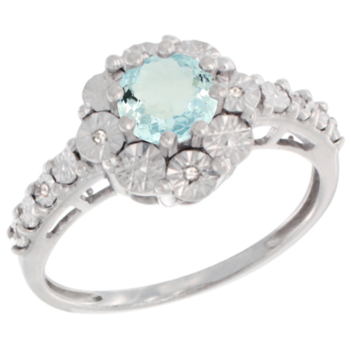 Sterling Silver Natural Aquamarine Ring Round 5x5, Diamond Accent, sizes 5 - 10