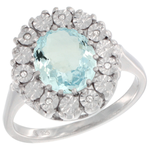 Sterling Silver Natural Aquamarine Ring Oval 9x7, Diamond Accent, sizes 5 - 10