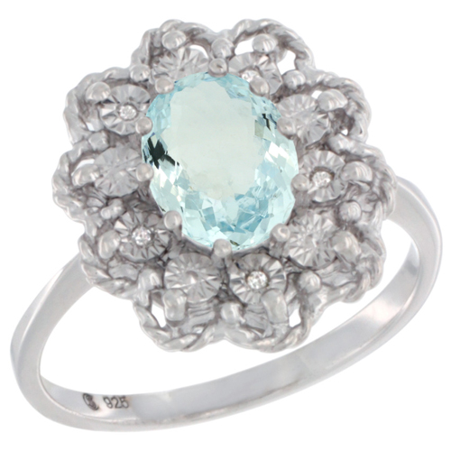 Sterling Silver Natural Aquamarine Ring Oval 8x6, Diamond Accent,, sizes 5 - 10
