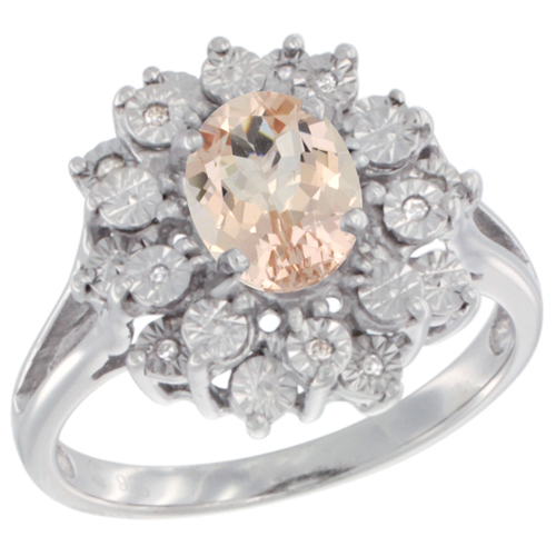 Sterling Silver Natural Morganite Ring Oval 8x6, Diamond Accent, sizes 5 - 10