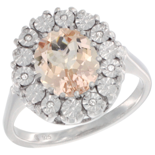 Sterling Silver Natural Morganite Ring Oval 9x7, Diamond Accent, sizes 5 - 10