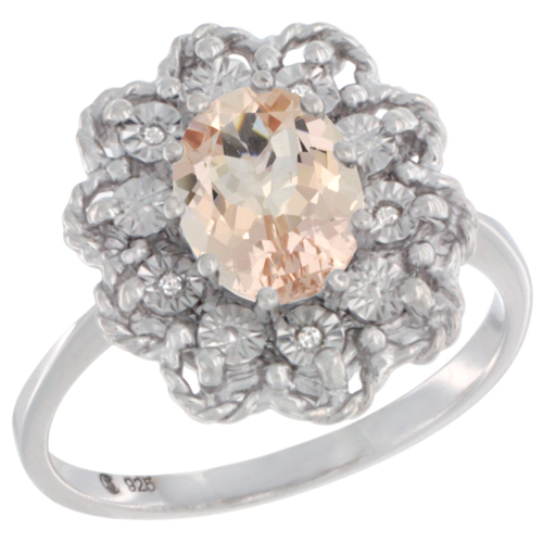 Sterling Silver Natural Morganite Ring Oval 8x6, Diamond Accent,, sizes 5 - 10