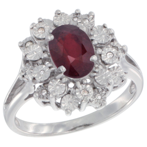 Sterling Silver Natural Enhanced Ruby Ring Oval 8x6, Diamond Accent, sizes 5 - 10