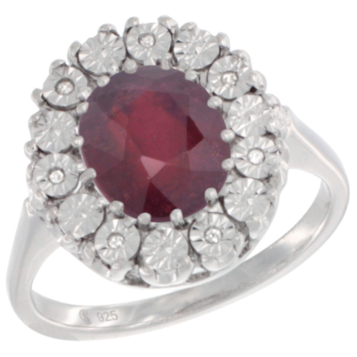 Sterling Silver Natural Enhanced Ruby Ring Oval 9x7, Diamond Accent, sizes 5 - 10