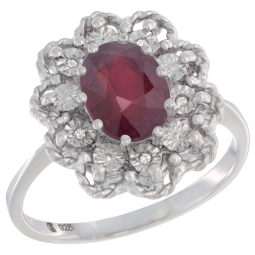 Sterling Silver Natural Enhanced Ruby Ring Oval 8x6, Diamond Accent,, sizes 5 - 10