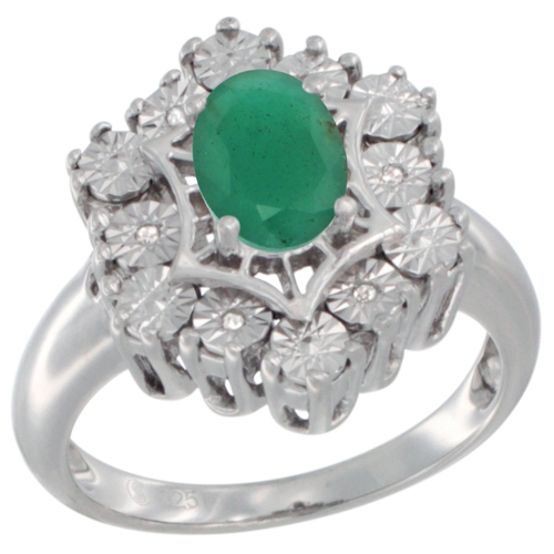 Sterling Silver Natural Emerald Ring 7x5 Oval Illusion Diamonds Rhodium finish, sizes 5 - 10