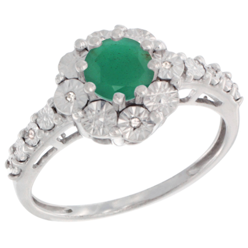 Sterling Silver Natural Emerald Ring Round 5x5, Diamond Accent, sizes 5 - 10