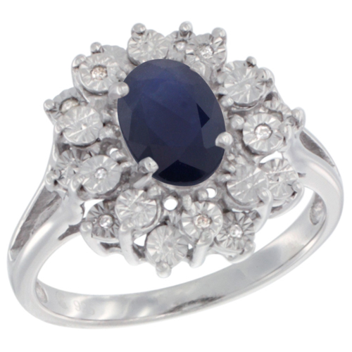 Sterling Silver Natural Blue Sapphire Ring Oval 8x6, Diamond Accent, sizes 5 - 10