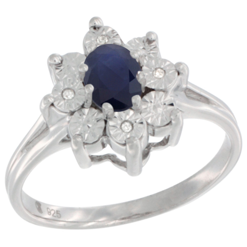 Sterling Silver Natural Blue Sapphire Ring Oval 6x4, Diamond Accent, sizes 5 - 10