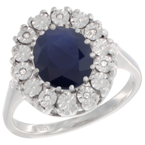 Sterling Silver Natural Blue Sapphire Ring Oval 9x7, Diamond Accent, sizes 5 - 10